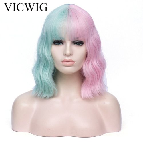 VICWIG Cosplay Wig Black Pink Red Orange Pink Green Purple Blue Two-Color Stitching Short Curly Hair Synthetic Wig For Women