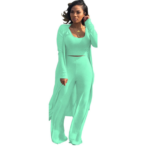 Women 3 Piece Set Long Sleeve Coat Top Flared Pants Knitted Stretch Outfit Streetwear Matching Set Mejor Wholesale Dropshpping