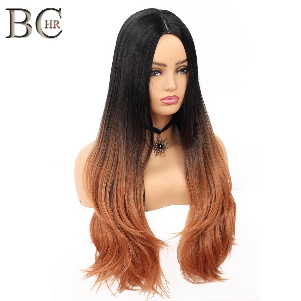 BCHR Ombre Middle Part Wig Black to Brown Synthetic Wigs for Women Middle Part Cosplay Wig for Hollywood Party Hair