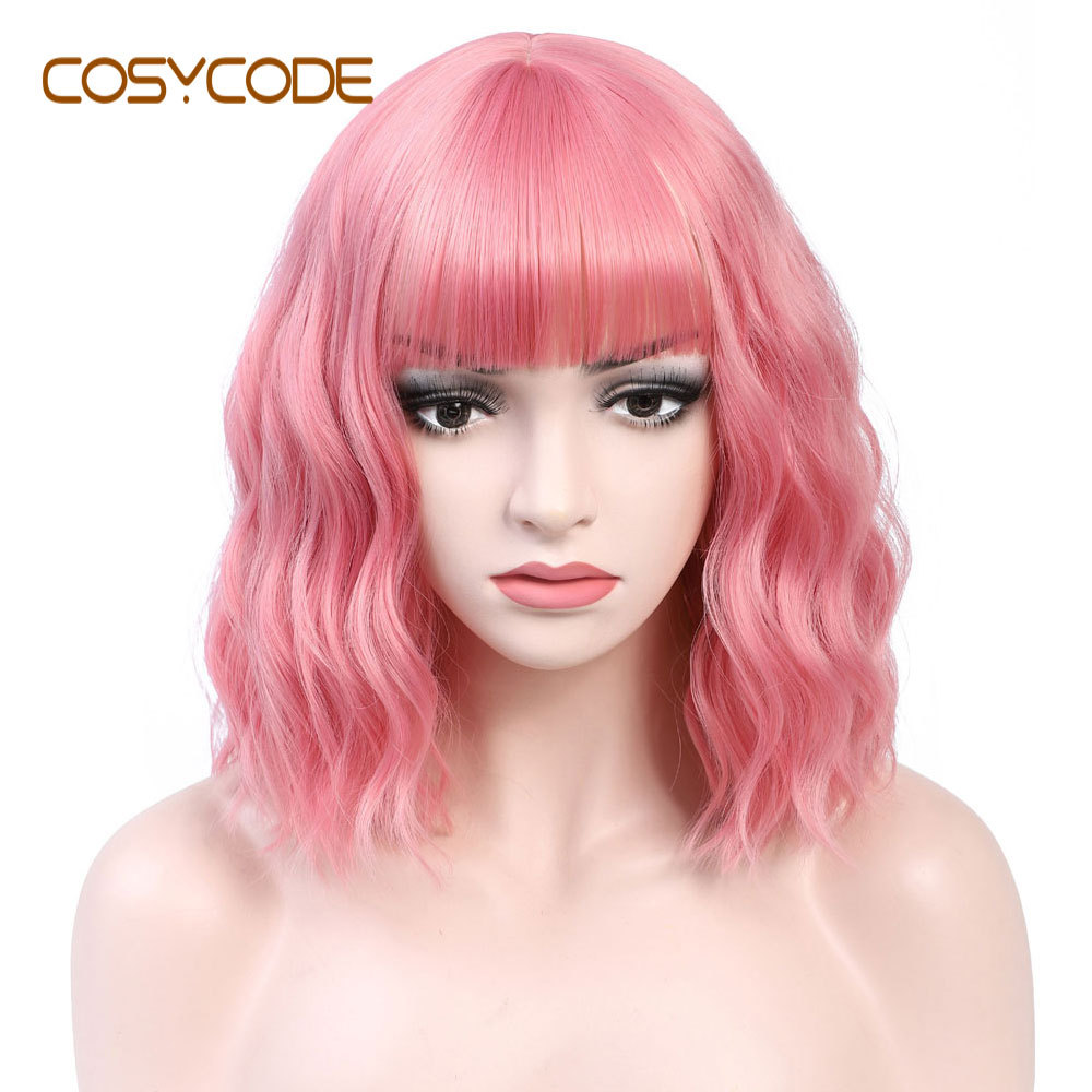 COSYCODE Pink Wig with Bangs Short Wavy Bob Wig 12 inch Natural Wave Curly Non-Lace Synthetic Wig for Women Costume Cosplay