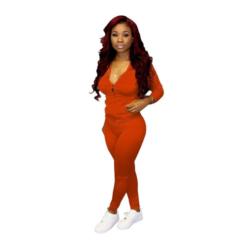 Women 2 Piece Set Solid Stretch Pocket Hooded Top Sport Leggings Tracksuit Jogger Matching Set Mujor Wholesale Dropshipping New