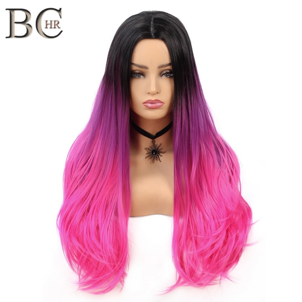 BCHR Long Ombre Middle Part Wig Black to Pink Synthetic Wigs for Women Middle Part Cosplay Wig for Hollywood Party Hair