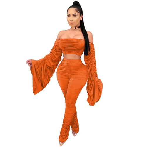 Two Piece Set Women Draped Flared Long Sleeve Off Shoulder Top Stacked Leggings Street Wear Macthing Set Wholesale Dropshpping