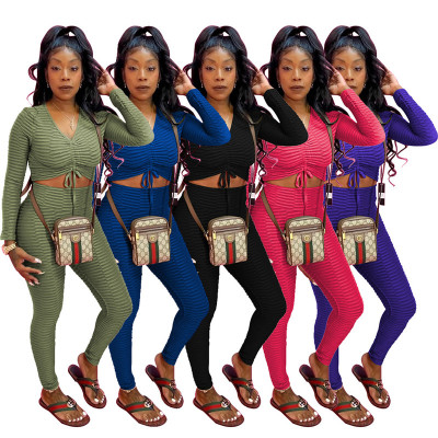 Women 2 Piece Set High Quality Draped Lace Up V Neck Top Stacked Leggings Active Wear  Matching Set Mujer Wholesale Dropshpping