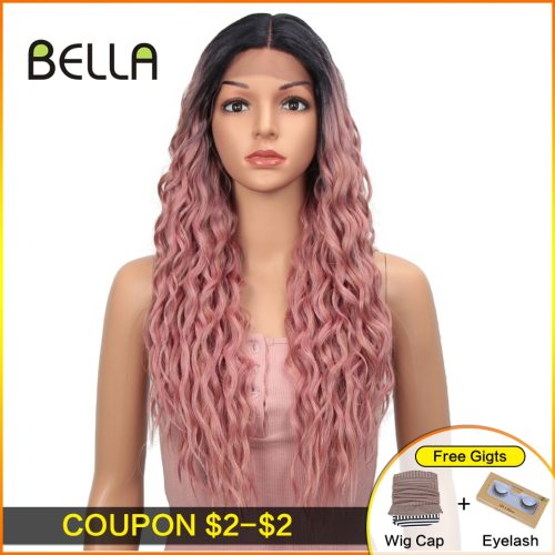 Ombre Pink Long Synthetic Lace Front Wigs For Women Black Pink Blonde Wigs 27 inch Cosplay Wigs Heat Resistant Water Wave Hair