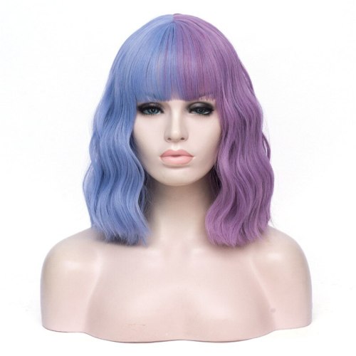 VICWIG Cosplay Wig Black Pink Red Orange Pink Green Purple Blue Two-Color Stitching Short Curly Hair Synthetic Wig For Women
