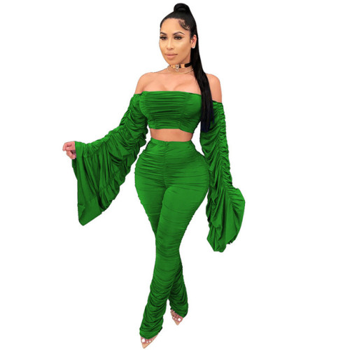 Two Piece Set Women Draped Flared Long Sleeve Off Shoulder Top Stacked Leggings Street Wear Macthing Set Wholesale Dropshpping