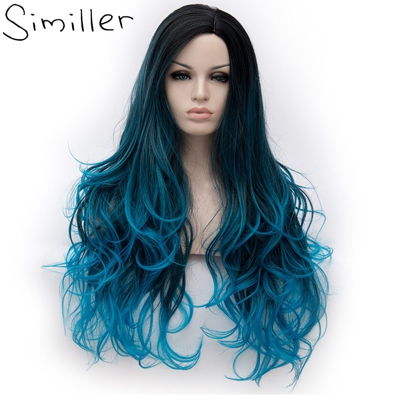 Similler Long Heat Resistant Fiber Hair Dark Root Ombre Blue Highlight Body Wave Synthetic Wig For Women Cosplay