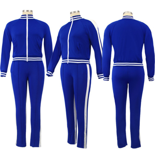 Plus Size L-5XL Two Piece Set Women Zipper Striped Top Slit Pants Casual Jogger Outfit Matching Set Mujor Wholesale Dropshipping