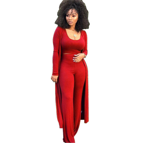 Women 3 Piece Set Long Sleeve Coat Top Flared Pants Knitted Stretch Outfit Streetwear Matching Set Mejor Wholesale Dropshpping