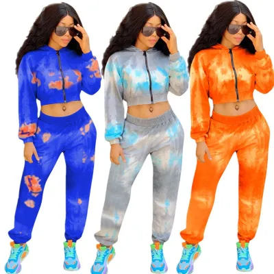 2020 Women Two Piece Set Long Sleeve Hooded Crop Top Sport Pants Tye Dye Outfit Joggor Matching Set Mujer Wholesale Dropshipping