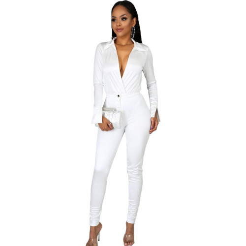 Women 2 Piece Set Solid Elegant Long Sleeve Short Bodysuit V Neck Shirt Skinny Pants Office Lady Outfit Wholesale Dropshpping