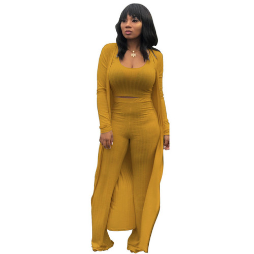 Women 3 Piece Set Long Sleeve Coat Top Flared Pants Knitted Stretch Outfit Streetwear Matching Set Mejor Wholesale Dropshpping