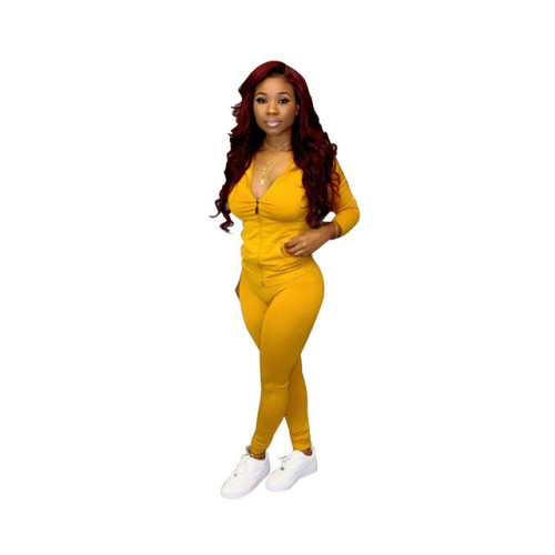 Women 2 Piece Set Solid Stretch Pocket Hooded Top Sport Leggings Tracksuit Jogger Matching Set Mujor Wholesale Dropshipping New