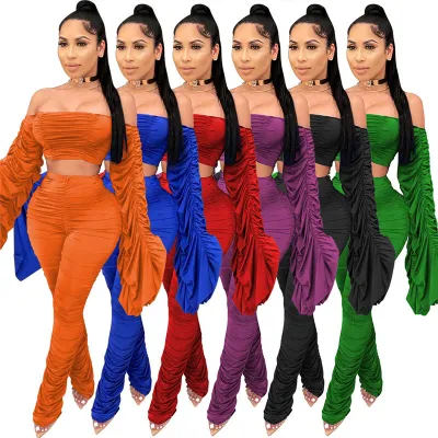 Two Piece Set Women Draped Flared Long Sleeve Off Shoulder Top Stacked Leggings Street Wear Macthing Set Wholesale Dropshpping