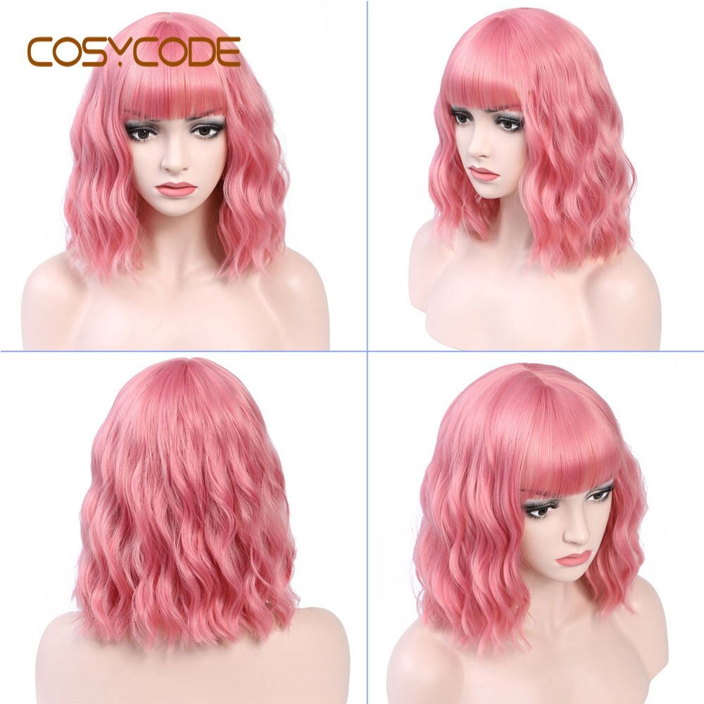 COSYCODE Pink Wig with Bangs Short Wavy Bob Wig 12 inch Natural Wave Curly Non-Lace Synthetic Wig for Women Costume Cosplay