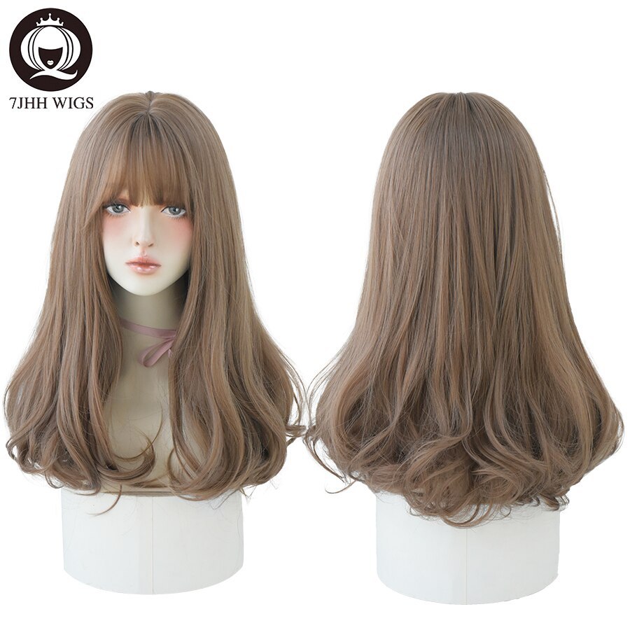 7JHH WIGS Light Brown Wig For Women With Fringe Fashion Heat Resistant Mid-Length Synthetic Wig
