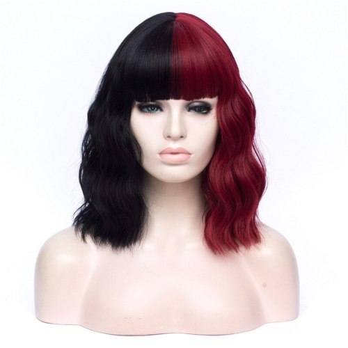 VICWIG Cosplay Wig Black Pink Red Orange Pink Green Purple Blue Two-Color Stitching Short Curly Hair Synthetic Wig For Women