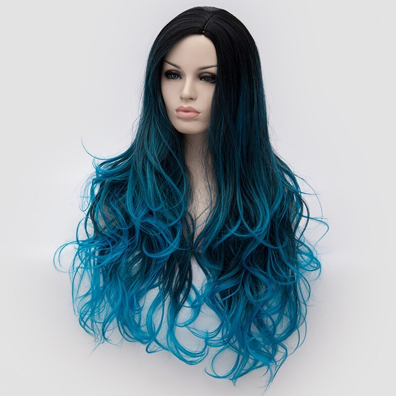 Similler Long Heat Resistant Fiber Hair Dark Root Ombre Blue Highlight Body Wave Synthetic Wig For Women Cosplay