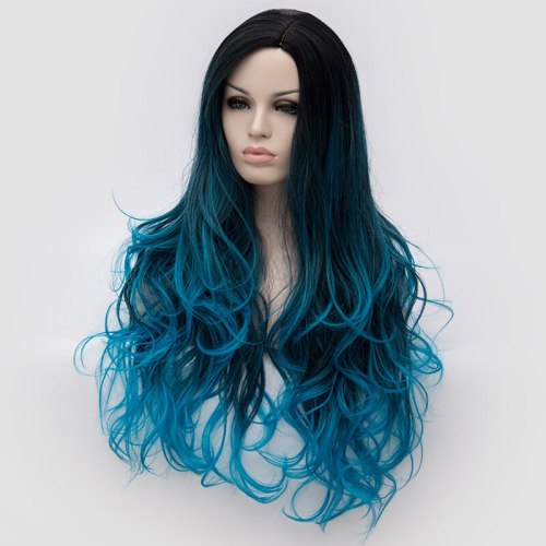 Similler Long Heat Resistant Fiber Hair Dark Root Ombre Blue Highlight Body Wave Synthetic Wig For Women Cosplay