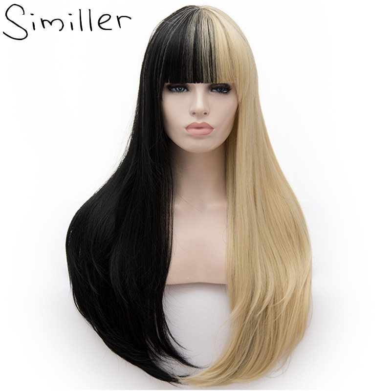 Similler Women Long Synthetic Wigs Patchwork Black Gold Straight Ombre Hair For Halloween Cosplay 2 Tones