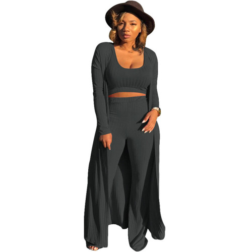 Women 3 Piece Set Long Sleeve Coat Top Flared Pants Knitted Stretch Outfit Streetwear Matching Set Mejor Wholesale Dropshpping