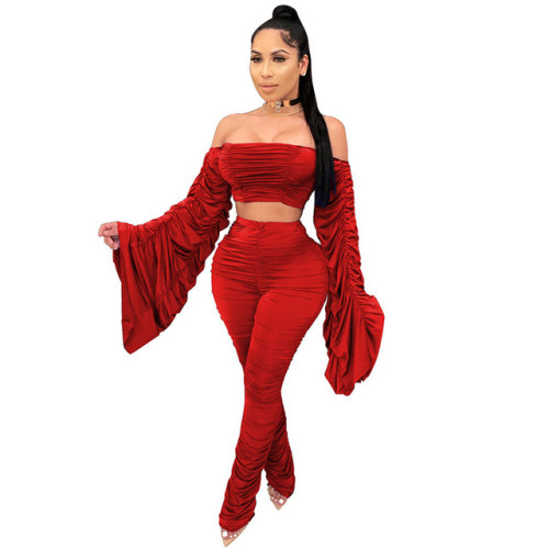 Two Piece Set Women Draped Flared Long Sleeve Off Shoulder Top Stacked Leggings Street Wear Macthing Set Wholesale Dropshpping