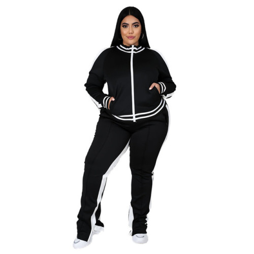 Plus Size L-5XL Two Piece Set Women Zipper Striped Top Slit Pants Casual Jogger Outfit Matching Set Mujor Wholesale Dropshipping