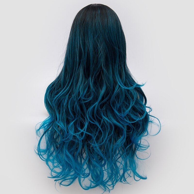 Similler Long Heat Resistant Fiber Hair Dark Root Ombre Blue Highlight Body Wave Synthetic Wig For Women Cosplay