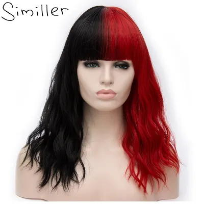 Similler Cosplay Kinky Curly Short Women Synthetic Wig Ombre Red Pink Grey Heat Resistance Fiber Hair with Bangs