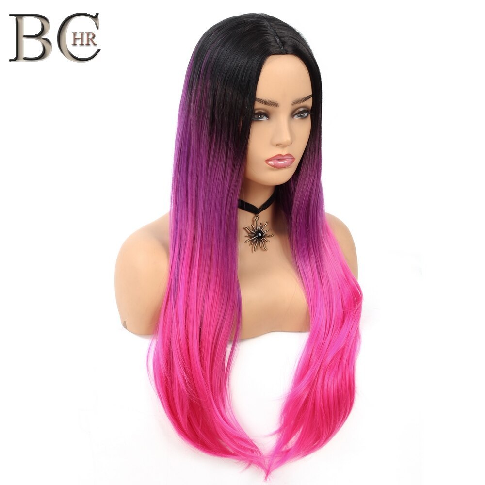 BCHR Long Ombre Middle Part Wig Black to Pink Synthetic Wigs for Women Middle Part Cosplay Wig for Hollywood Party Hair