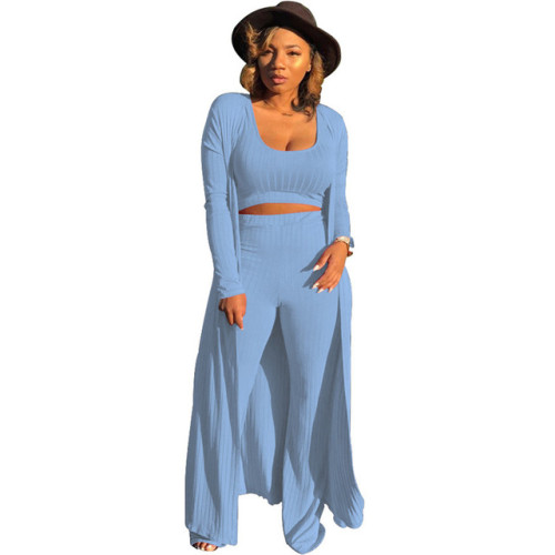 Women 3 Piece Set Long Sleeve Coat Top Flared Pants Knitted Stretch Outfit Streetwear Matching Set Mejor Wholesale Dropshpping