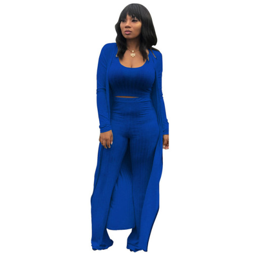 Women 3 Piece Set Long Sleeve Coat Top Flared Pants Knitted Stretch Outfit Streetwear Matching Set Mejor Wholesale Dropshpping