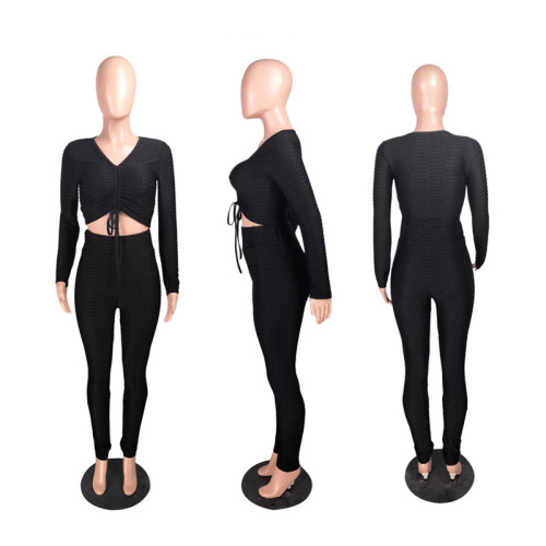Women 2 Piece Set High Quality Draped Lace Up V Neck Top Stacked Leggings Active Wear  Matching Set Mujer Wholesale Dropshpping
