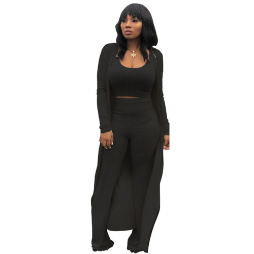 Women 3 Piece Set Long Sleeve Coat Top Flared Pants Knitted Stretch Outfit Streetwear Matching Set Mejor Wholesale Dropshpping