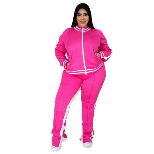 Plus Size L-5XL Two Piece Set Women Zipper Striped Top Slit Pants Casual Jogger Outfit Matching Set Mujor Wholesale Dropshipping