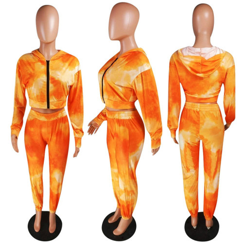 2020 Women Two Piece Set Long Sleeve Hooded Crop Top Sport Pants Tye Dye Outfit Joggor Matching Set Mujer Wholesale Dropshipping