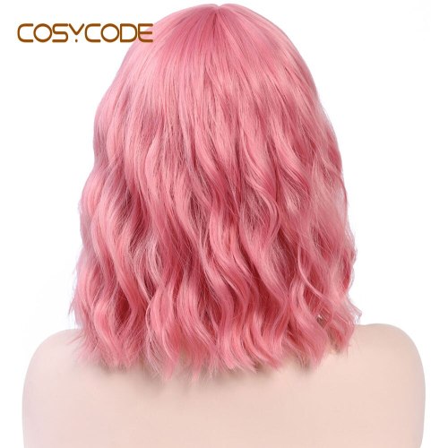 COSYCODE Pink Wig with Bangs Short Wavy Bob Wig 12 inch Natural Wave Curly Non-Lace Synthetic Wig for Women Costume Cosplay