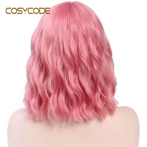 COSYCODE Pink Wig with Bangs Short Wavy Bob Wig 12 inch Natural Wave Curly Non-Lace Synthetic Wig for Women Costume Cosplay