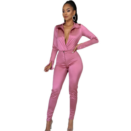 Women 2 Piece Set Solid Elegant Long Sleeve Short Bodysuit V Neck Shirt Skinny Pants Office Lady Outfit Wholesale Dropshpping