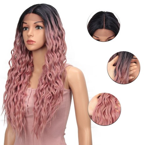 Ombre Pink Long Synthetic Lace Front Wigs For Women Black Pink Blonde Wigs 27 inch Cosplay Wigs Heat Resistant Water Wave Hair