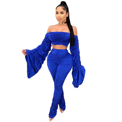Two Piece Set Women Draped Flared Long Sleeve Off Shoulder Top Stacked Leggings Street Wear Macthing Set Wholesale Dropshpping