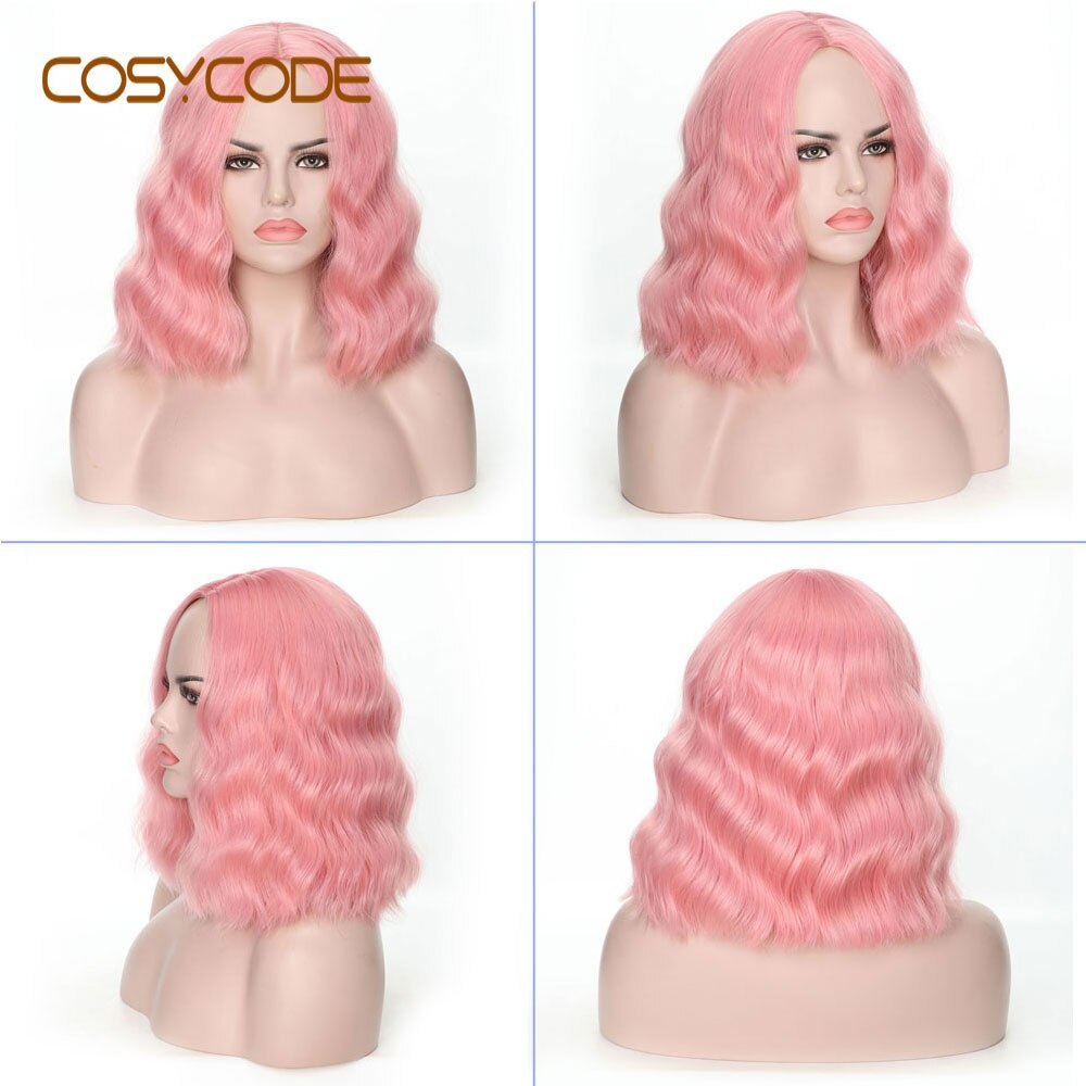 COSYCODE Pink Wig with Bangs Short Wavy Bob Wig 12 inch Natural Wave Curly Non-Lace Synthetic Wig for Women Costume Cosplay