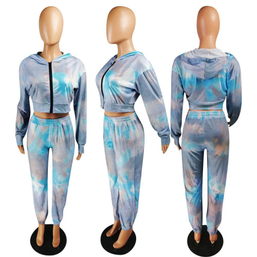 2020 Women Two Piece Set Long Sleeve Hooded Crop Top Sport Pants Tye Dye Outfit Joggor Matching Set Mujer Wholesale Dropshipping