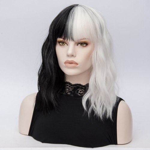 Similler Short Wigs for Halloween Cosplay Women Kinky Straight Synthetic Hair Wig Black White 2 Tones Patchwork