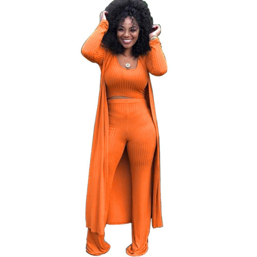 Women 3 Piece Set Long Sleeve Coat Top Flared Pants Knitted Stretch Outfit Streetwear Matching Set Mejor Wholesale Dropshpping