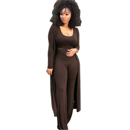Women 3 Piece Set Long Sleeve Coat Top Flared Pants Knitted Stretch Outfit Streetwear Matching Set Mejor Wholesale Dropshpping