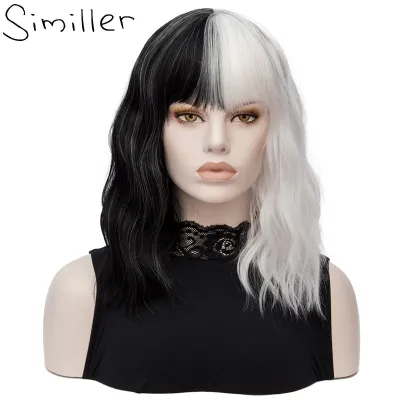 Similler Short Wigs for Halloween Cosplay Women Kinky Straight Synthetic Hair Wig Black White 2 Tones Patchwork