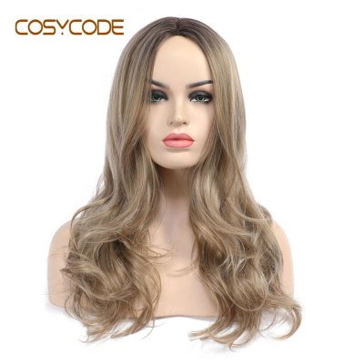 COSYCODE Long Wavy Synthetic Wig for Womem Honey Blonde 24 inch 60 cm Cosplay Middle Part Non-Lace Costume Wigs Heat Resistant
