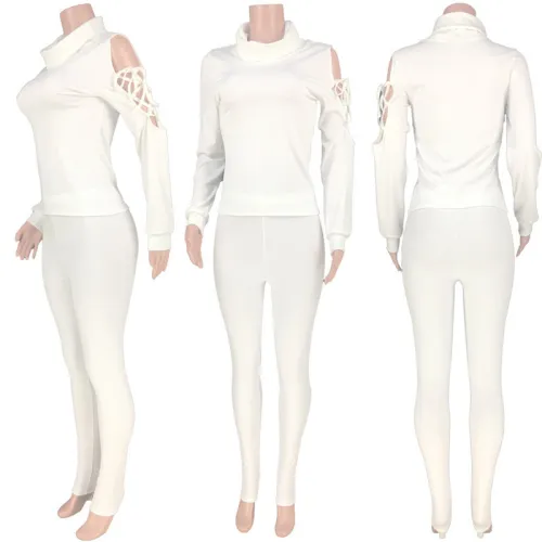 Women 2 Piece Set Turtleneck Bandage High Stretch Crop Top and Pencil Pants Active Wear Matching Set Mujer Wholesale Dropshpping